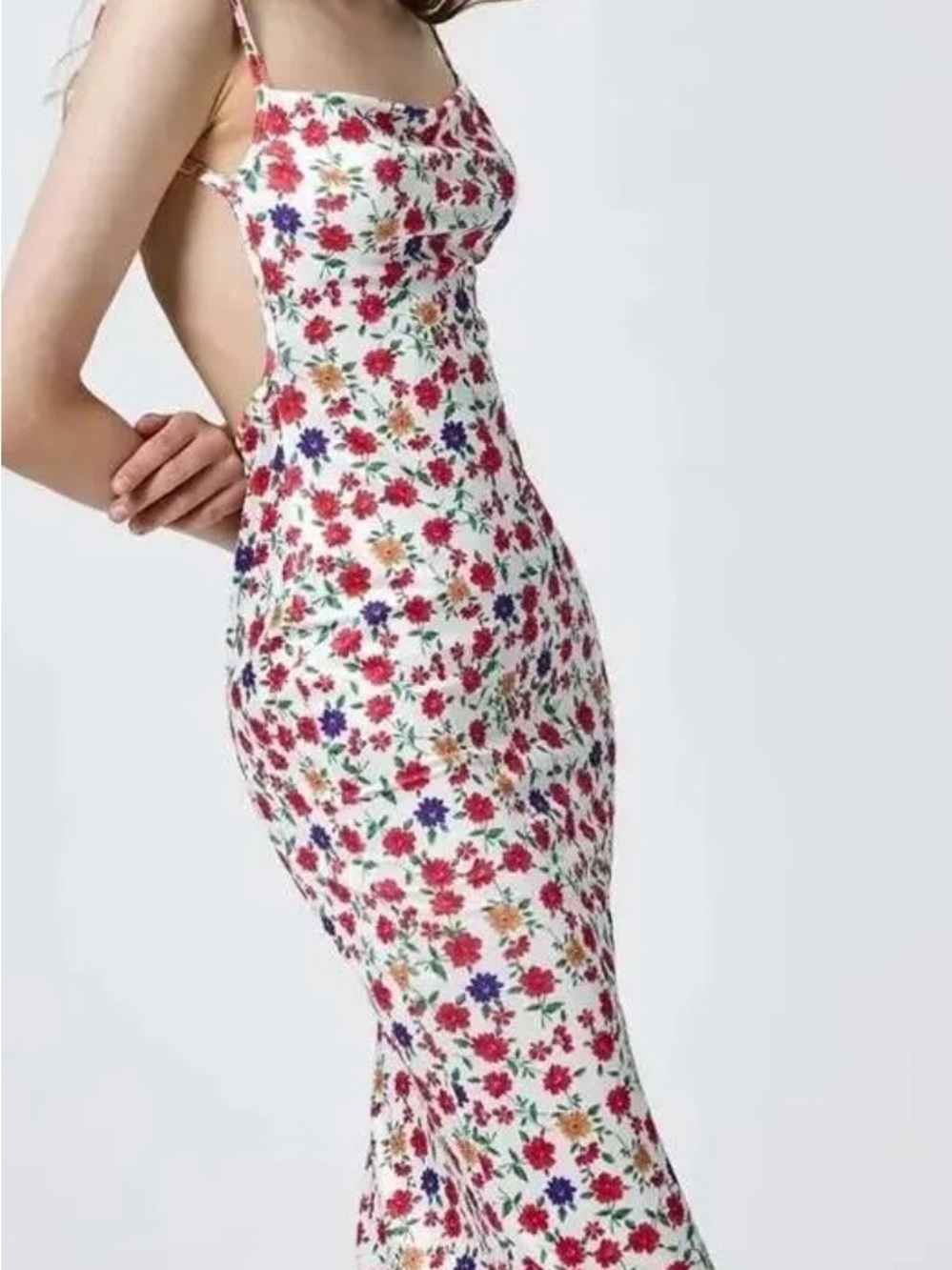 Backless White Floral Maxi Dress with Red & Purple Blooms